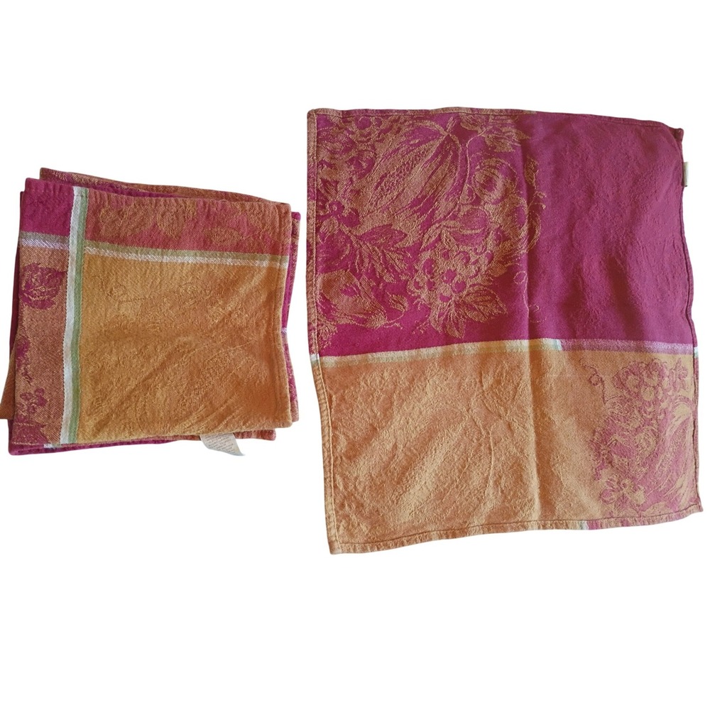 Linens n Things Kitchen Towels Set o 4 Burgundy Orange Floral Damask Woven India